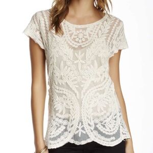 Embroidered Mesh Short Sleeve Blouse - Large